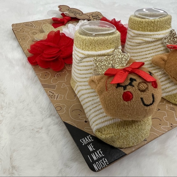 NEW Baby Essentials Glitter Antler Headband & matching Plush Deer Rattle Socks - Picture 3 of 7